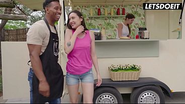 Tattooed Brunette Deepthroats Big Black Cock at the Food Truck